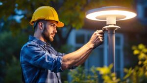 A photograph of a skilled lighting contractor installing or adjusting a stylish led post lamp in an outdoor setting