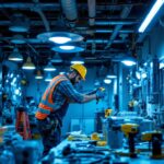 A photograph of a lighting contractor in action