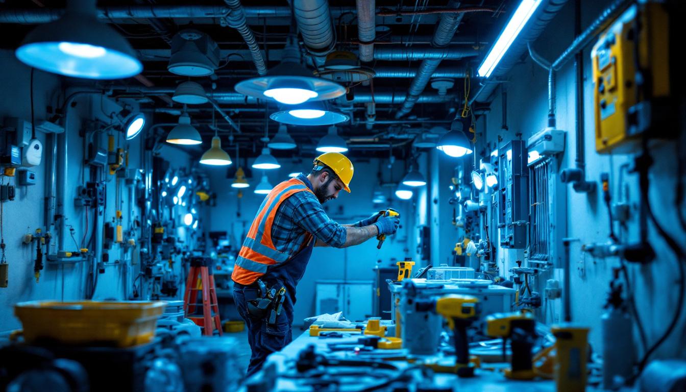A photograph of a lighting contractor in action