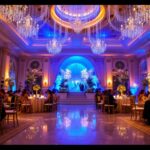A photograph of a beautifully illuminated wedding hall