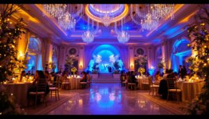 A photograph of a beautifully illuminated wedding hall