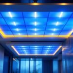 A photograph of a professional lighting contractor installing led tile lights in a modern interior space