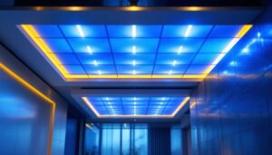 A photograph of a professional lighting contractor installing led tile lights in a modern interior space