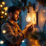 A photograph of a lighting contractor skillfully installing or adjusting a decorative christmas switch light in a beautifully decorated home setting