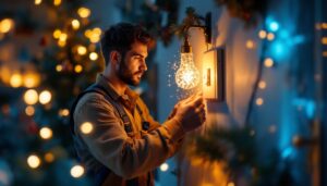 A photograph of a lighting contractor skillfully installing or adjusting a decorative christmas switch light in a beautifully decorated home setting