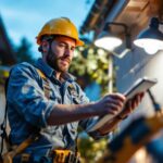A photograph of a lighting contractor installing a solar power lighting system in an outdoor setting