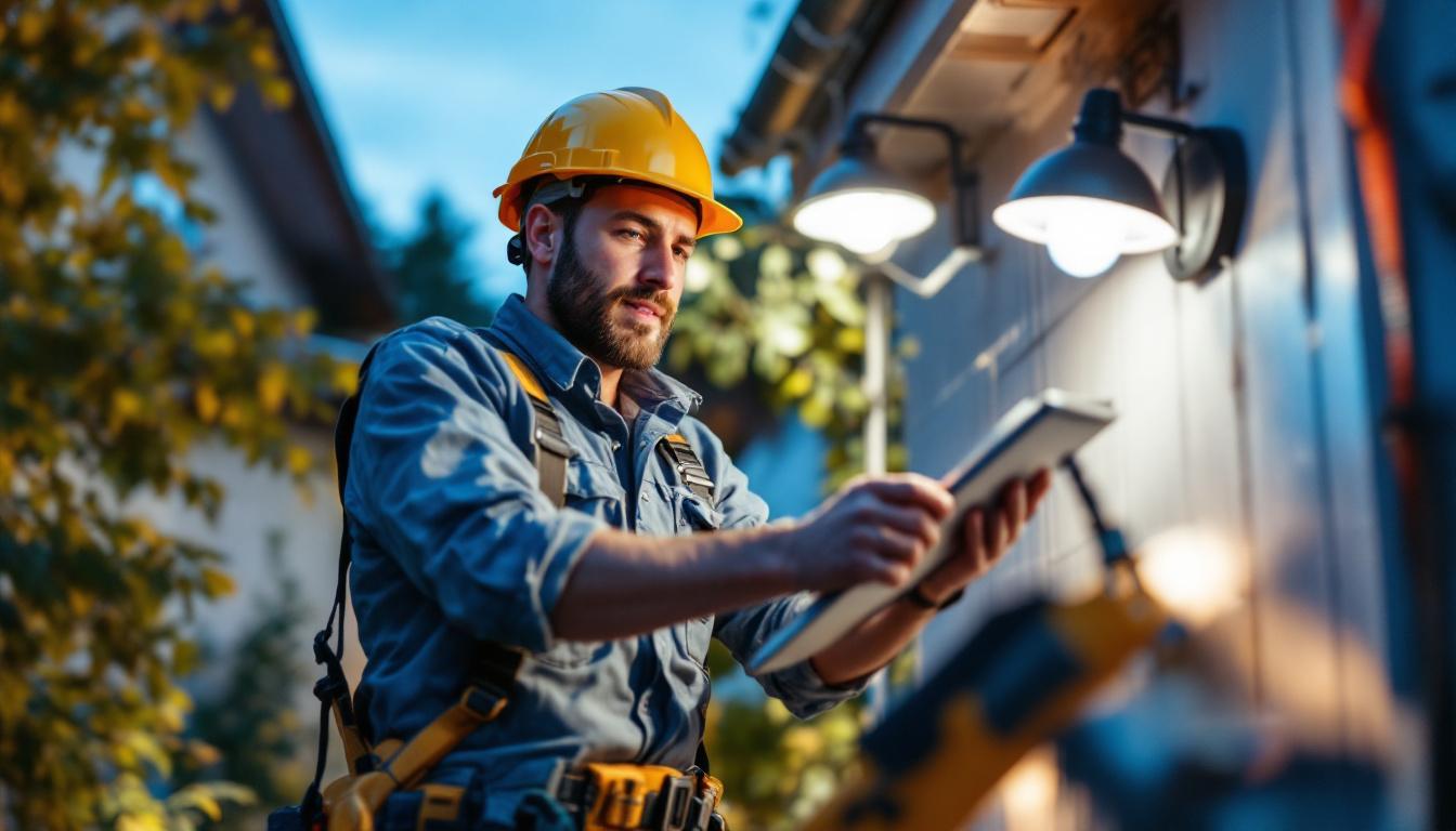 A photograph of a lighting contractor installing a solar power lighting system in an outdoor setting