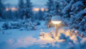 A photograph of a solar-powered electromagnetic resonance de-icing light installed in a snowy outdoor setting