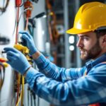 A photograph of a lighting contractor inspecting various electrical plug-ins in a well-lit workspace