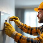 A photograph of a skilled lighting contractor installing a modern electrical on-off switch in a well-lit residential setting