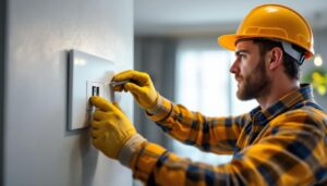 A photograph of a skilled lighting contractor installing a modern electrical on-off switch in a well-lit residential setting