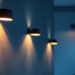 A photograph of a stylish indoor space featuring modern lighting fixtures with motion sensors