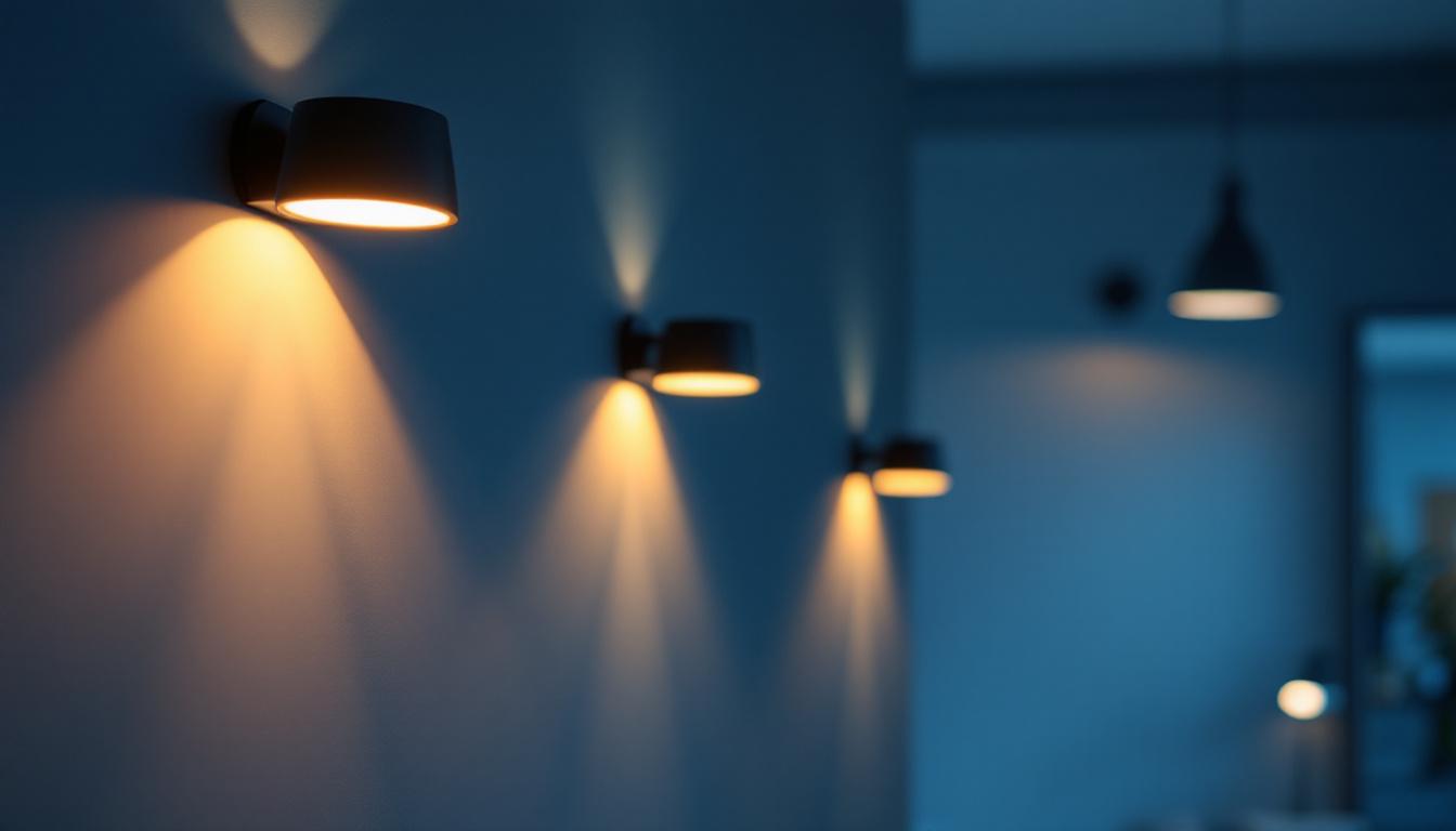 A photograph of a stylish indoor space featuring modern lighting fixtures with motion sensors