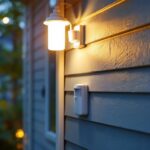 A photograph of a lighting contractor installing an exterior motion sensor light switch on a home