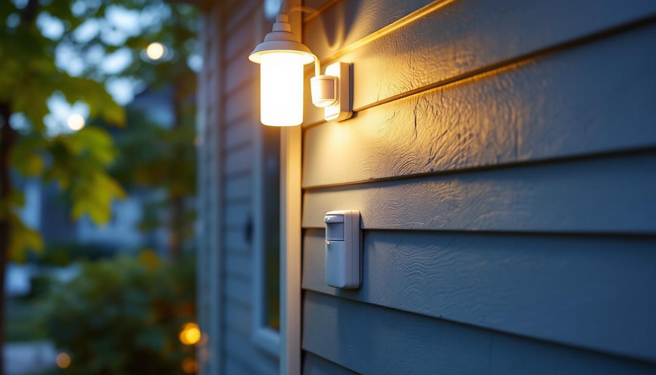 A photograph of a lighting contractor installing an exterior motion sensor light switch on a home