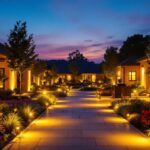 A photograph of a beautifully illuminated outdoor space at dusk