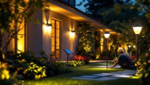 A photograph of a beautifully illuminated outdoor space featuring solar lights enhancing the ambiance