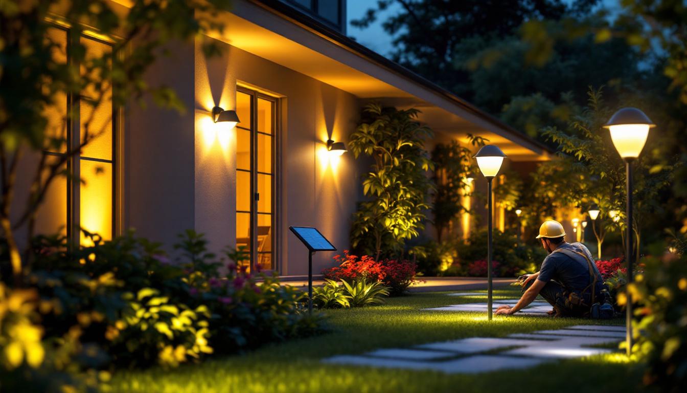 A photograph of a beautifully illuminated outdoor space featuring solar lights enhancing the ambiance
