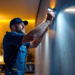 A photograph of a lighting contractor expertly installing recessed led lights in a modern residential setting