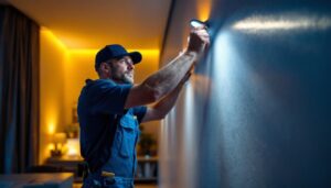 A photograph of a lighting contractor expertly installing recessed led lights in a modern residential setting