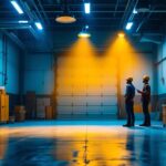 A photograph of a well-lit commercial garage space showcasing various lighting fixtures and their effects on the environment