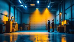 A photograph of a well-lit commercial garage space showcasing various lighting fixtures and their effects on the environment