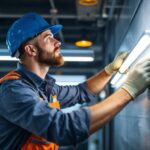 A photograph of a lighting contractor installing t5 led tube lights in a commercial space
