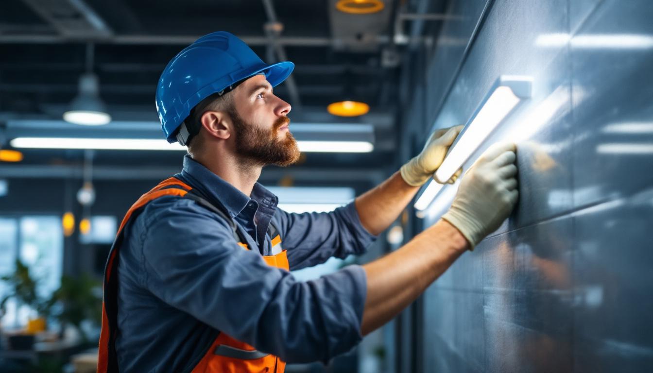 A photograph of a lighting contractor installing t5 led tube lights in a commercial space