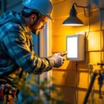 A photograph of a lighting contractor installing an outside electrical box extender on a residential exterior