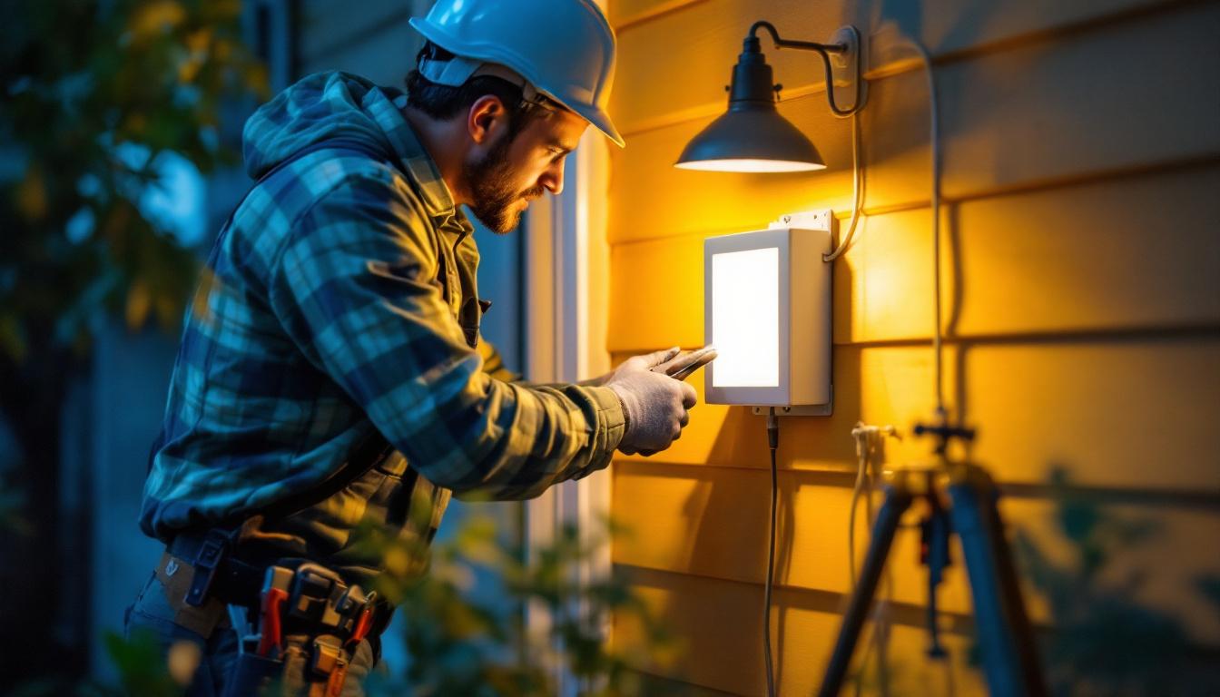 A photograph of a lighting contractor installing an outside electrical box extender on a residential exterior