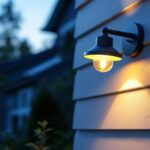 A photograph of a well-lit outdoor space featuring a stylish wall mount light installed on a home or building