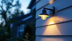A photograph of a well-lit outdoor space featuring a stylish wall mount light installed on a home or building