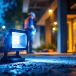 A photograph of a brightly lit outdoor area showcasing a modern led flood light in action