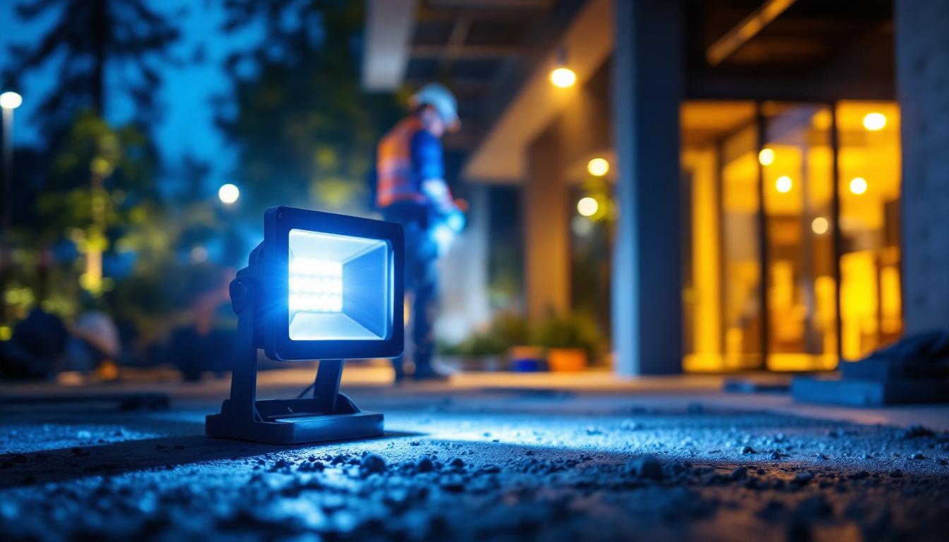 A photograph of a brightly lit outdoor area showcasing a modern led flood light in action