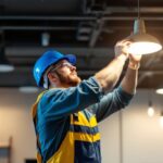 A photograph of a skilled lighting contractor expertly installing modern lighting fixtures in a stylish commercial space