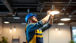 A photograph of a skilled lighting contractor expertly installing modern lighting fixtures in a stylish commercial space