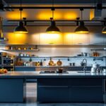 A photograph of a well-designed industrial kitchen featuring a variety of lighting options