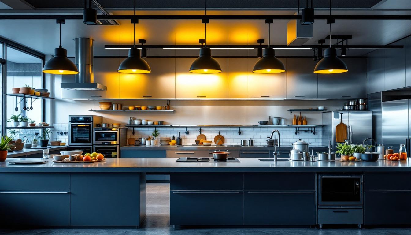 A photograph of a well-designed industrial kitchen featuring a variety of lighting options