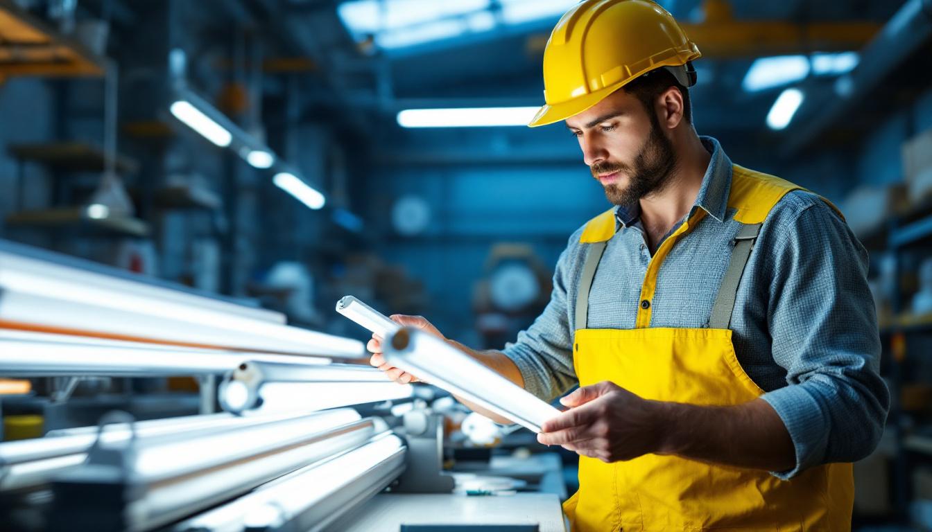 A photograph of a lighting contractor examining various types of fluorescent light tubes in a well-lit workshop