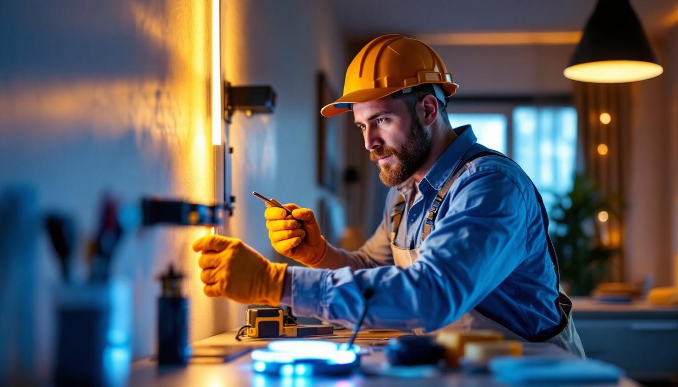 A photograph of a lighting contractor expertly installing a 3 ft led strip light in a stylish interior setting