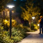 A photograph of a solar lamp pole mount installed in a well-lit outdoor setting