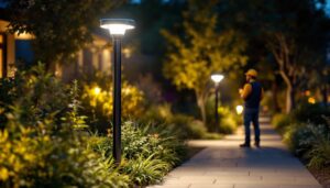 A photograph of a solar lamp pole mount installed in a well-lit outdoor setting