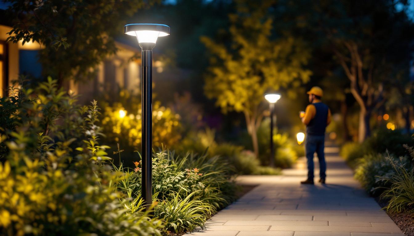 A photograph of a solar lamp pole mount installed in a well-lit outdoor setting