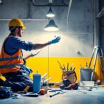 A photograph of a lighting contractor at work