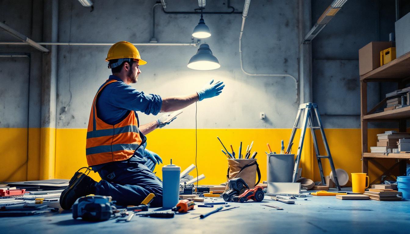 A photograph of a lighting contractor at work