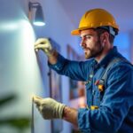 A photograph of a skilled lighting contractor working with led fixtures in a modern residential or commercial setting