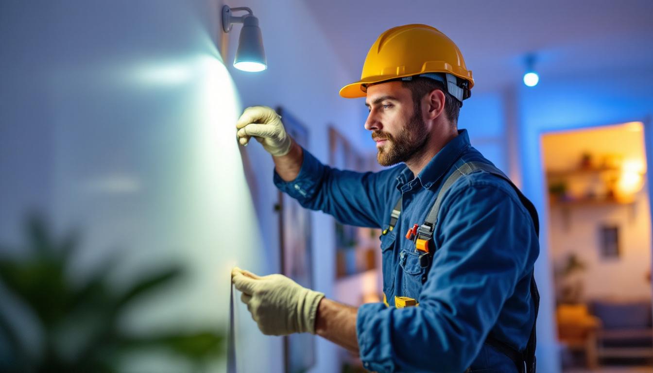 A photograph of a skilled lighting contractor working with led fixtures in a modern residential or commercial setting