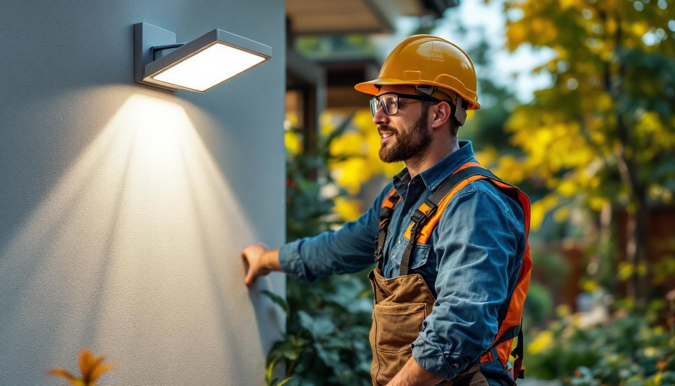 A photograph of a lighting contractor installing mountable solar lights in a residential outdoor setting