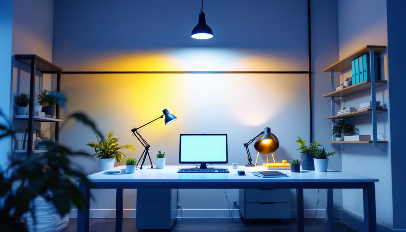 A photograph of a well-lit workspace featuring the ge halogen fl25 beam 38w 120v in use