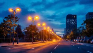 A photograph of a well-lit urban street scene at dusk